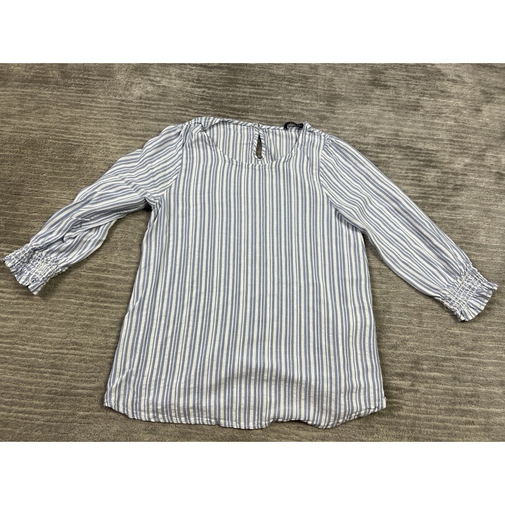 West Kei Top Womens Medium Blue Striped 3/4 Sleeve Rayon Made in USA